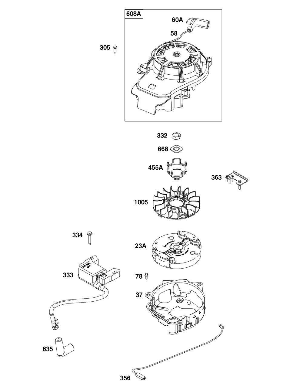 Flywheel, Ignition, And Starter Group Diagram and Parts List for 093J02-0102-H5 020000 - 09Z999 Briggs and Stratton Engine